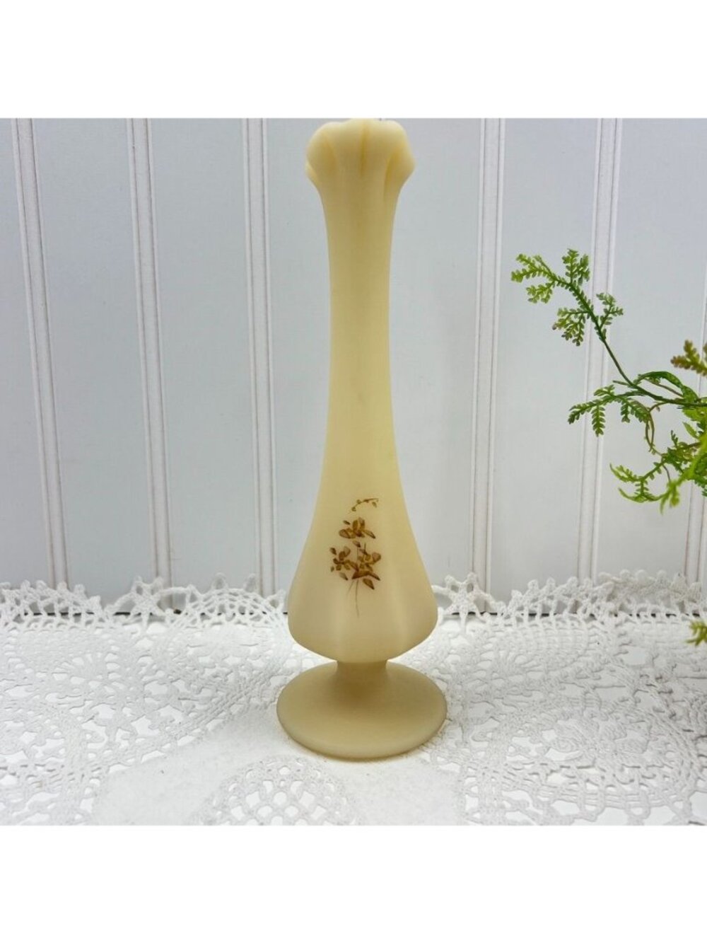 Fenton Custard Glass Satin Pedestal Swung Bud Vase Hand Painted Artist Signed